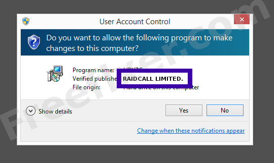 Screenshot where RAIDCALL LIMITED. appears as the verified publisher in the UAC dialog